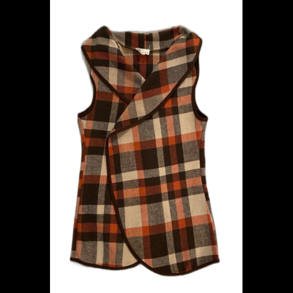 ETWO  Woman’s Vest Size Small Rust Brown Cream Plaid Versatile Stylish Warm - Picture 3 of 11